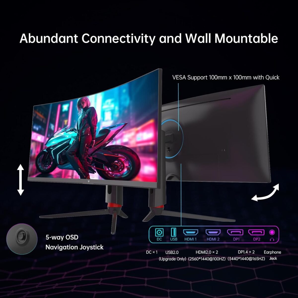 KTC 34 Inch Curved Ultrawide Gaming Monitor, 21:9, 3440x1440p 165Hz 1ms, 1500R Curved Monitor, Freesync G-sync Compatible, HDMI 2.0 x2 & DP1.4 x 2, Height/Tilt/Swivel/Pivot, H34S18S - Image 7