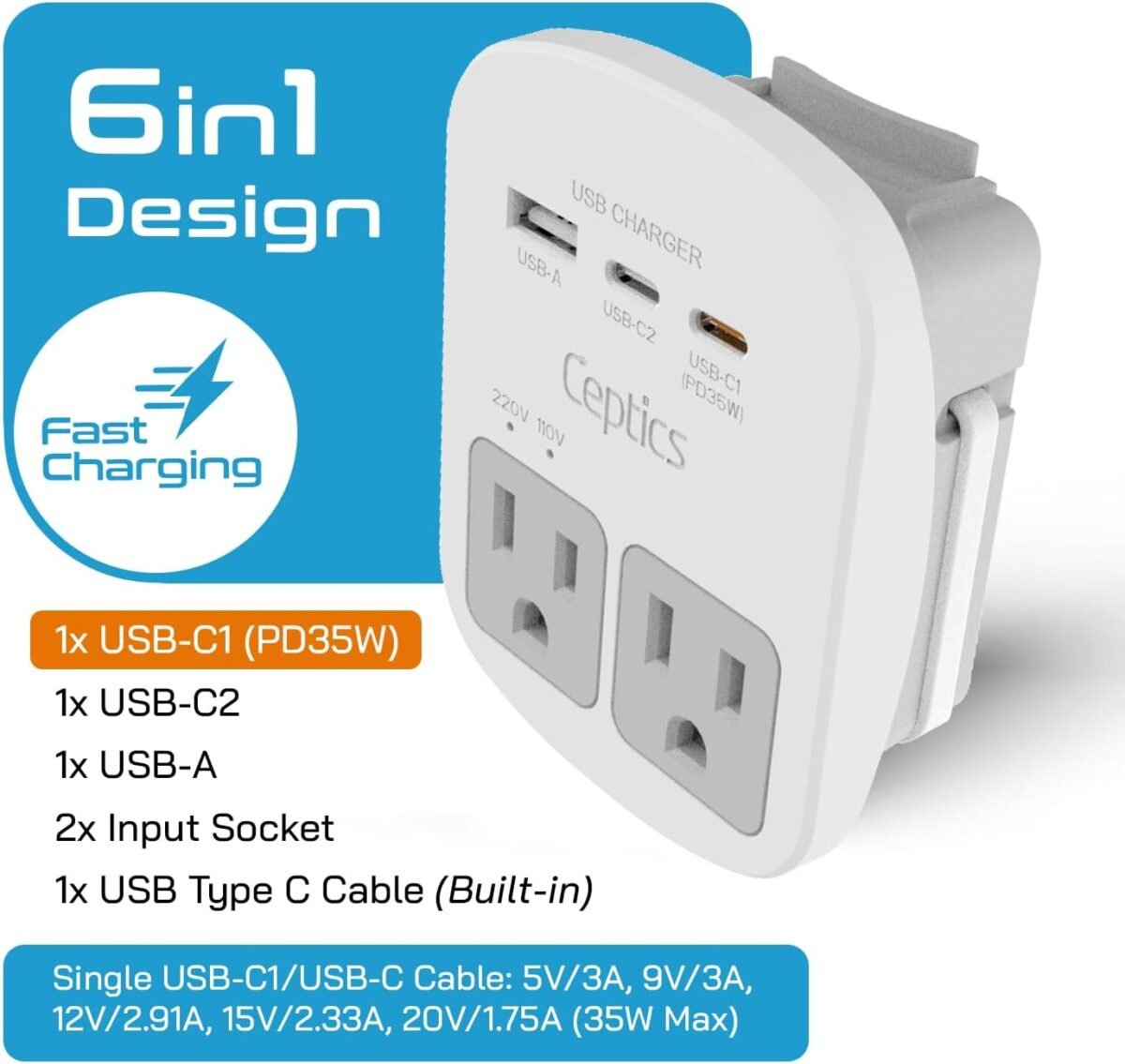 Ceptics Universal Travel Adapter Kit – 2 USA sockets, 2 USB-A (1x QC 3.0) and USB-C cable, Surge Protected, Plugs for EU, UK, China, AU, Japan - Use with Laptop, Phones, Cameras - ETL Tested - Image 3