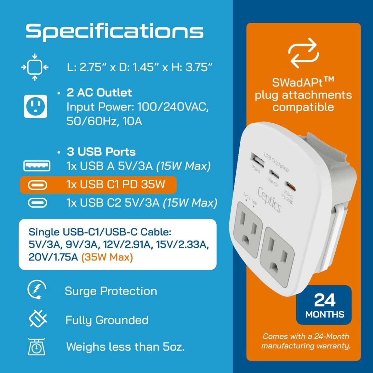 Ceptics Universal Travel Adapter Kit – 2 USA sockets, 2 USB-A (1x QC 3.0) and USB-C cable, Surge Protected, Plugs for EU, UK, China, AU, Japan - Use with Laptop, Phones, Cameras - ETL Tested - Image 5