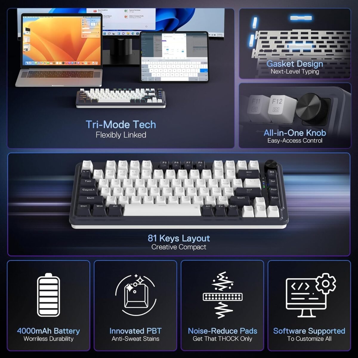 Redragon K673 PRO 75% Wireless Gasket RGB Gaming Keyboard, 3-Modes 81 Keys Compact Mechanical Keyboard Hot-Swap Socket, Dedicated Knob Control and Sound Absorbing Pads, Linear Red Switch - Image 3