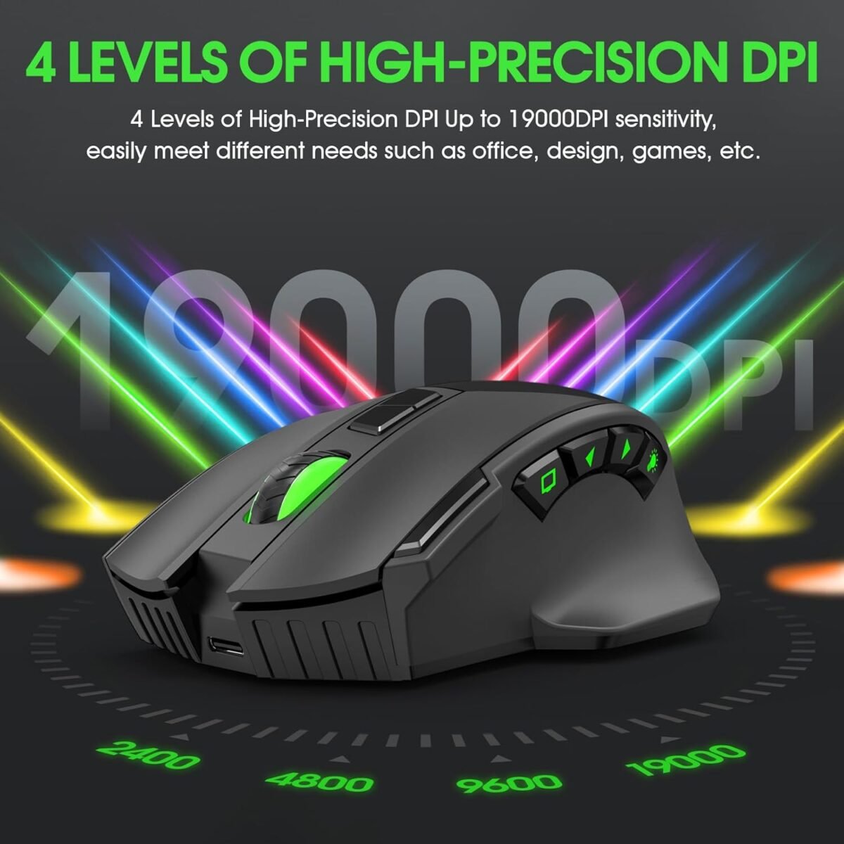 Wireless Gaming Mouse, 10 Buttons, 19K DPI Adjustable, Bluetooth 2.4GHz Dual Mode, Lightweight Design with RGB Breathing Light - Quiet Click for Gaming & Office, Multi-Platform Compatible - Image 4