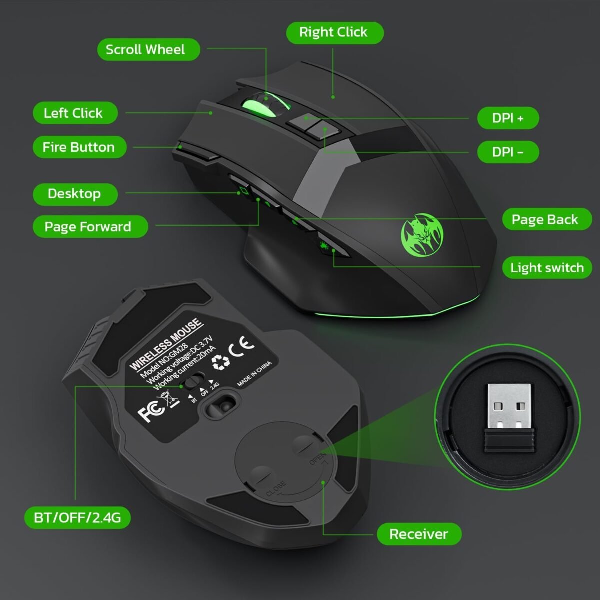 Wireless Gaming Mouse, 10 Buttons, 19K DPI Adjustable, Bluetooth 2.4GHz Dual Mode, Lightweight Design with RGB Breathing Light - Quiet Click for Gaming & Office, Multi-Platform Compatible - Image 9