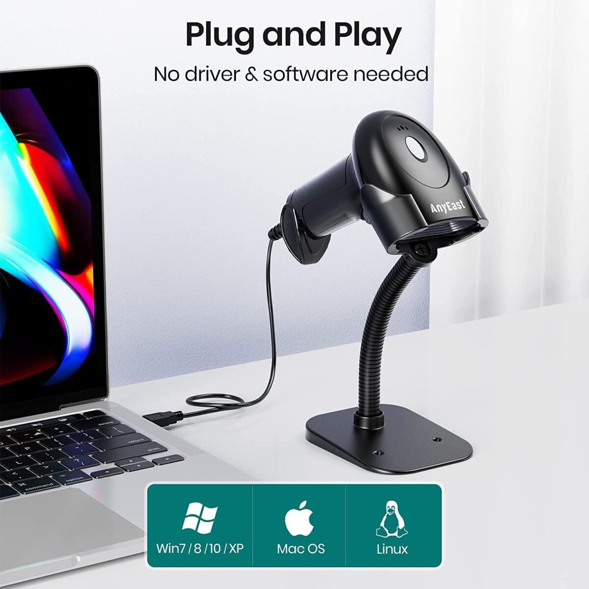 Barcode Scanner with Stand, USB Wired Inventory 2D 1D QR Code Scanner for Computer POS MAC with Automatic Screen Scanning, Handheld CMOS Image Bar Code Reader for Warehouse Library Supermarket - Image 3