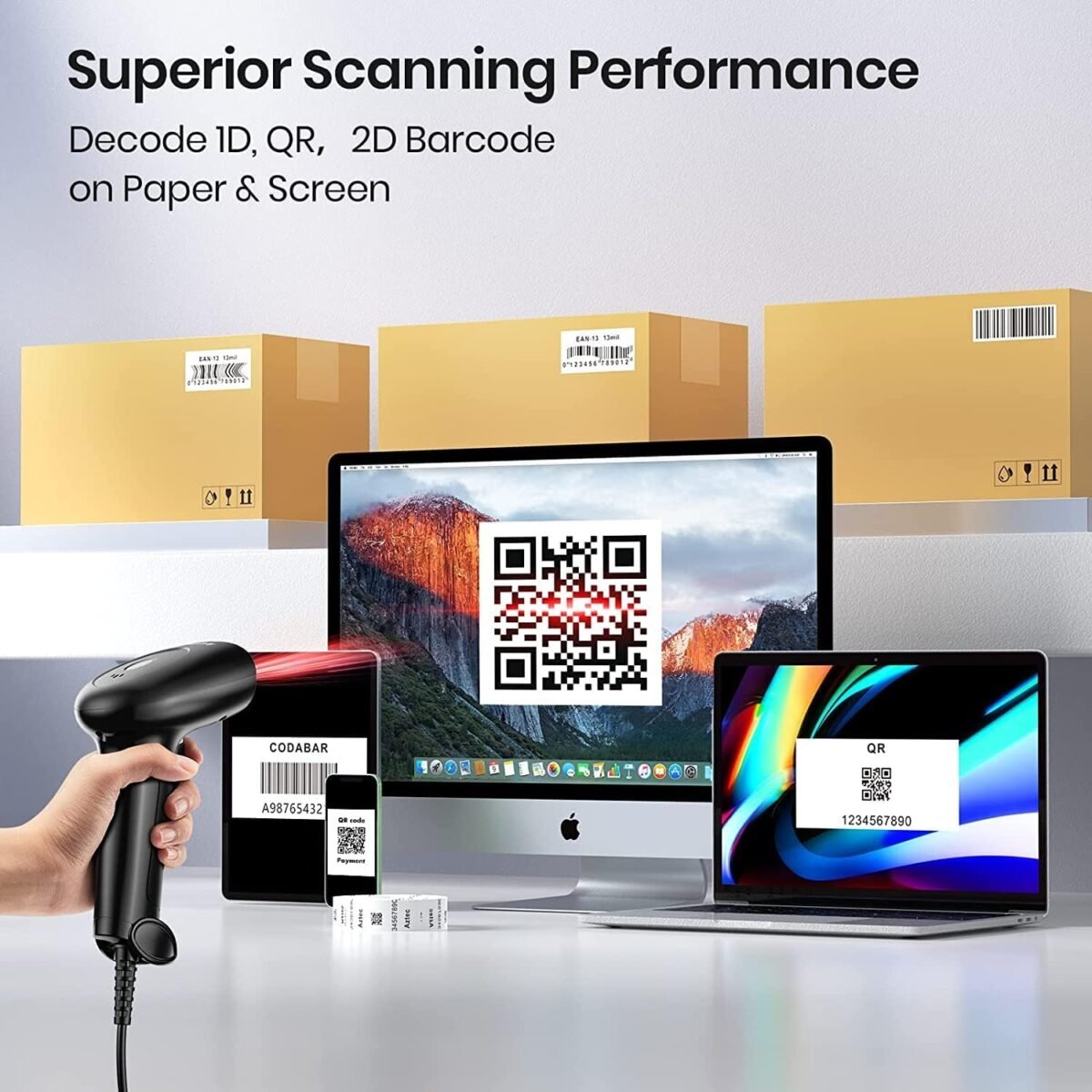 Barcode Scanner with Stand, USB Wired Inventory 2D 1D QR Code Scanner for Computer POS MAC with Automatic Screen Scanning, Handheld CMOS Image Bar Code Reader for Warehouse Library Supermarket - Image 4