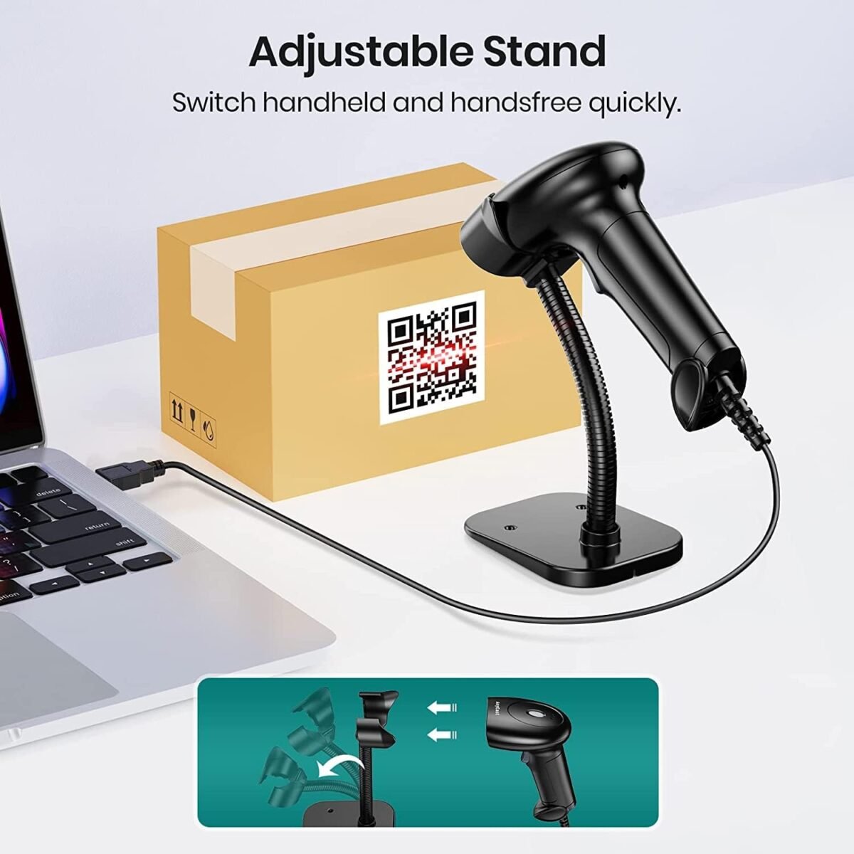 Barcode Scanner with Stand, USB Wired Inventory 2D 1D QR Code Scanner for Computer POS MAC with Automatic Screen Scanning, Handheld CMOS Image Bar Code Reader for Warehouse Library Supermarket - Image 6
