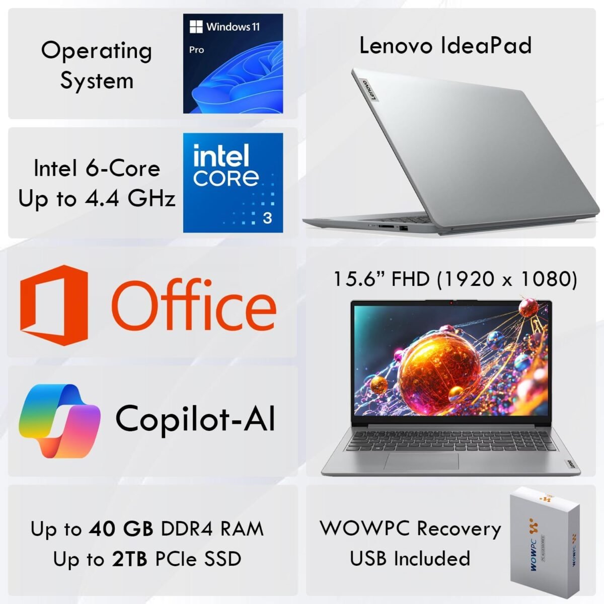 Lenovo Ideapad Business Laptop with Microsoft Office, Intel 6-core Processor(Up to 4.4 GHz), 15.6" FHD Display, 40GB RAM, 1TB SSD, SD Card Reader, Wi-Fi 6, Windows 11 Pro, Copilot AI-Ready, WOWPC USB - Image 3