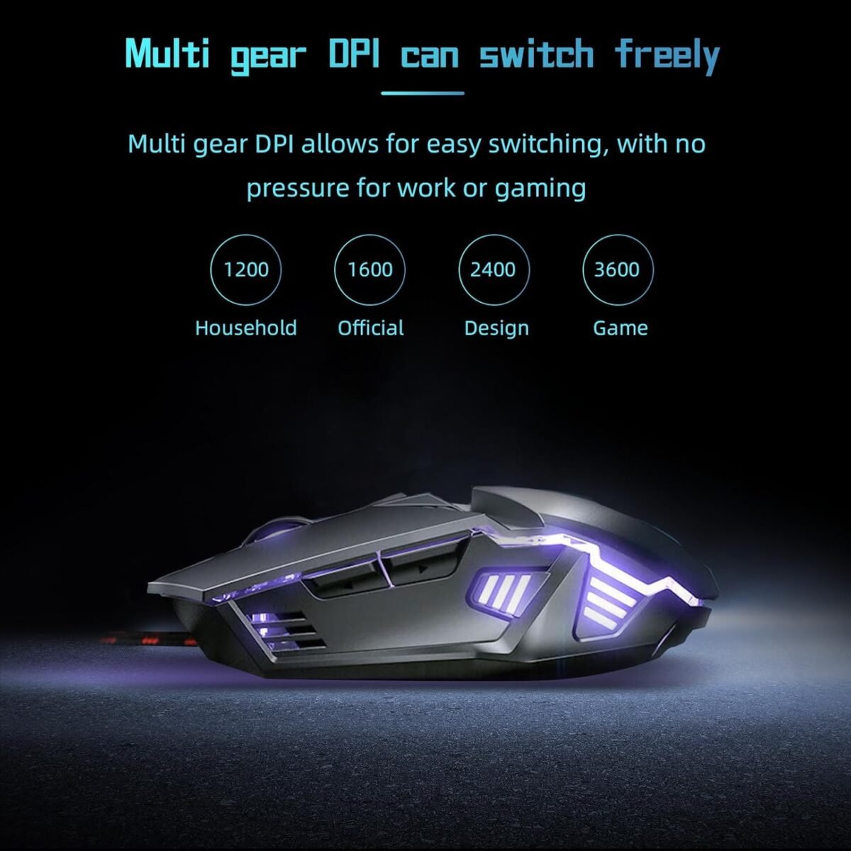 ONE-UP Wired Gaming Mouse - Silent Design, Three DPI Levels, RGB Backlighting, 6 Buttons, Ergonomic Design, for Windows/Mac/Laptops, Black - Image 9