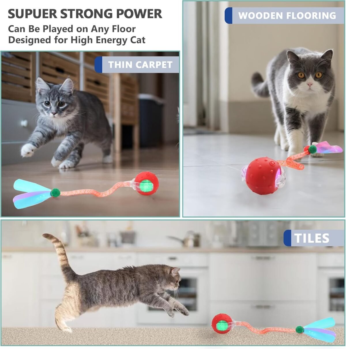 Interactive Cat Toys for Bored Indoor Cats, Chirping & Motion-Activated Cat Toys, Fun Gift for Cats with 2 Speed Settings & 3 Modes, USB Rechargeable,Red - Image 8