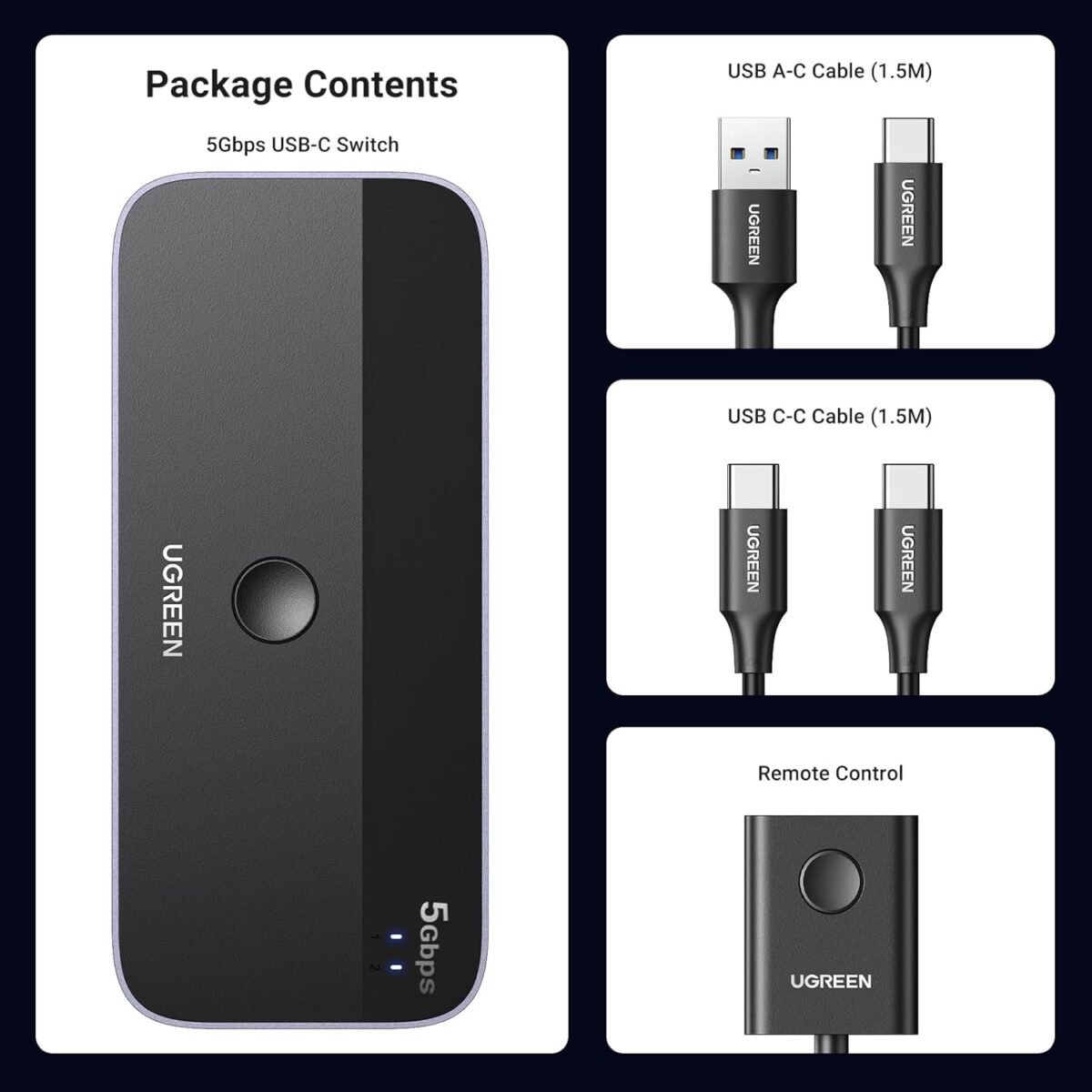 UGREEN USB Switch A & C Input for Computers - Share 4 Ports, Switcher Selector for PC, Laptop, Keyboard, Mouse, Webcam, Microphone - Adapter With 2 USB-C Data Cables and Remote - Image 9