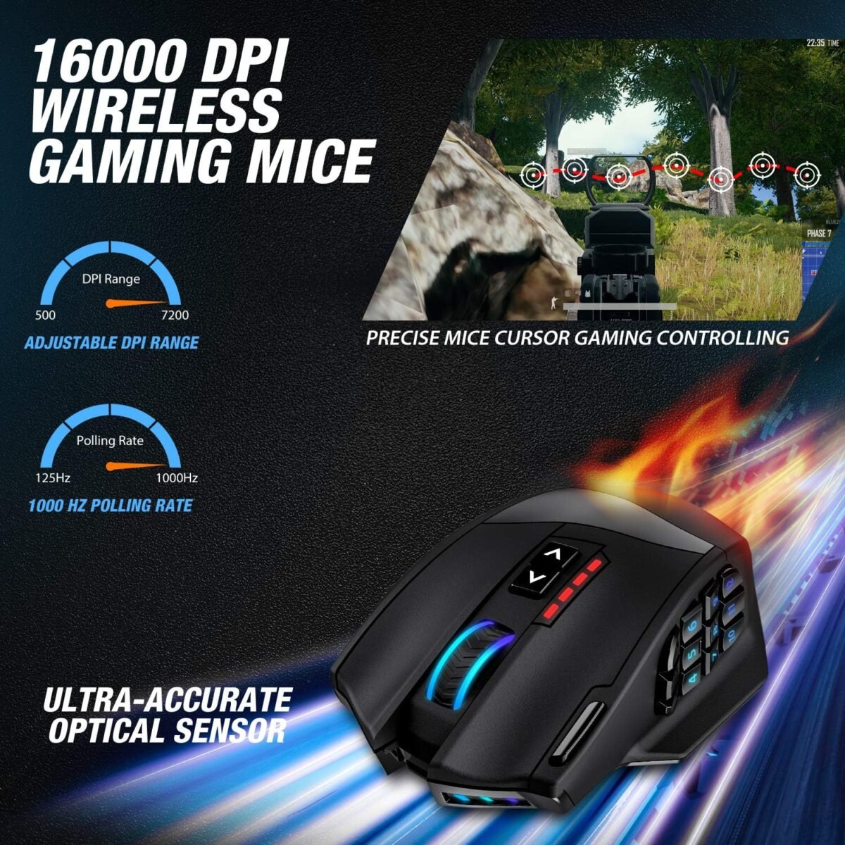 UtechSmart Venus Pro RGB Wireless MMO Gaming Mouse, 16,000 DPI Optical Sensor, 2.4 GHz Transmission Technology, Ergonomic Design, 16M Chroma RGB Lighting, 16 programmable Buttons, Up to 70 Hours - Image 3