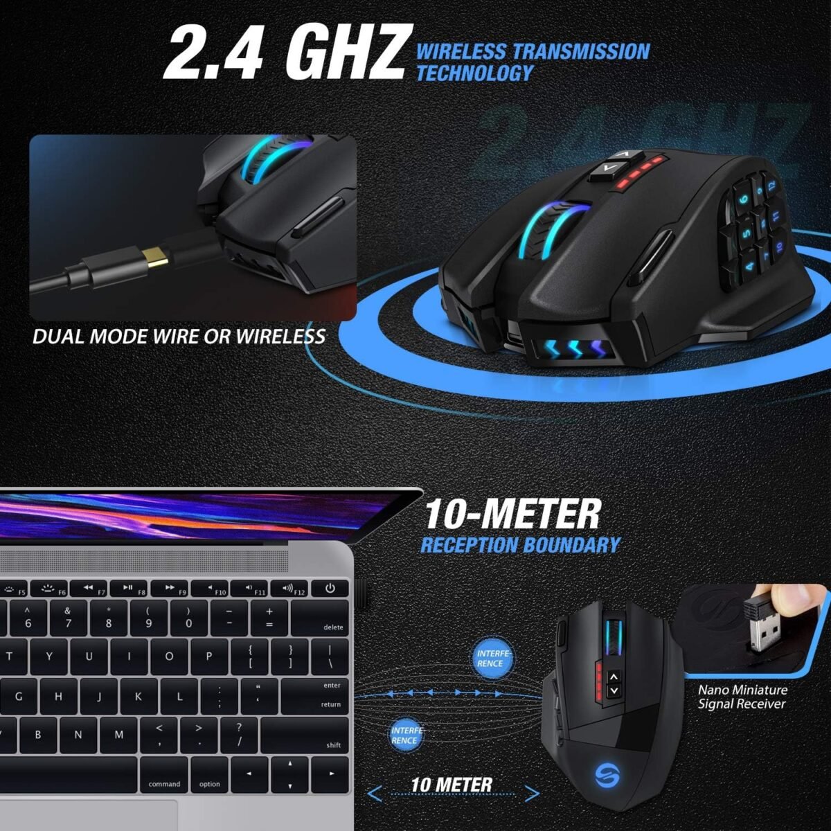 UtechSmart Venus Pro RGB Wireless MMO Gaming Mouse, 16,000 DPI Optical Sensor, 2.4 GHz Transmission Technology, Ergonomic Design, 16M Chroma RGB Lighting, 16 programmable Buttons, Up to 70 Hours - Image 4