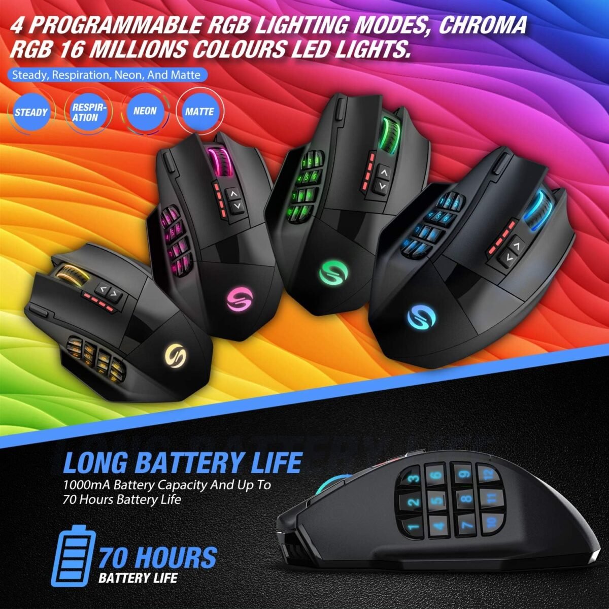 UtechSmart Venus Pro RGB Wireless MMO Gaming Mouse, 16,000 DPI Optical Sensor, 2.4 GHz Transmission Technology, Ergonomic Design, 16M Chroma RGB Lighting, 16 programmable Buttons, Up to 70 Hours - Image 7