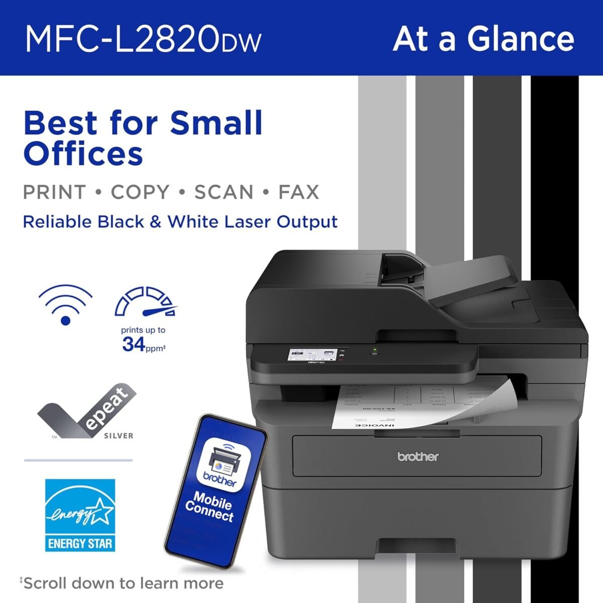 Brother MFC-L2820DW Wireless Compact Monochrome All-in-One Laser Printer with Copy, Scan and Fax, Duplex, Black & White | Includes Refresh Subscription Trial(1), Works with Alexa - Image 3