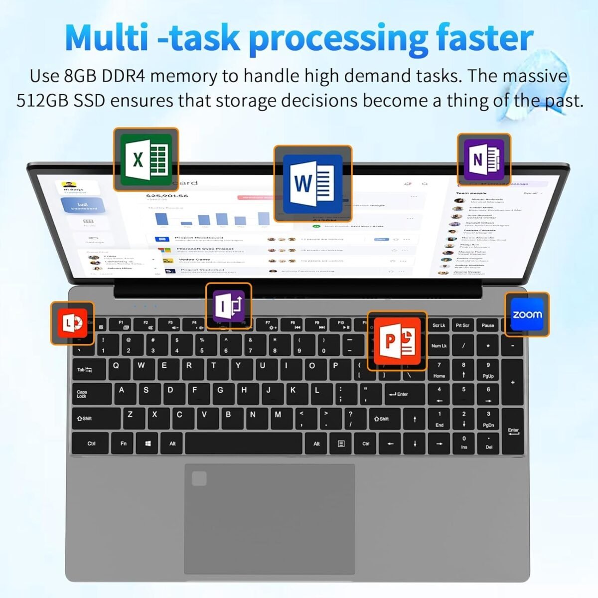 15.6'' Laptop Computer,1080P FHD Display,8GB RAM,512GB SSD,N5095 CPU Business Laptop,Numeric Keypad,Backlit Keyboard,Fingerprint Unlock,SD Card Reader,Webcam, 5GWiFi, HDMI,Silver - Image 3
