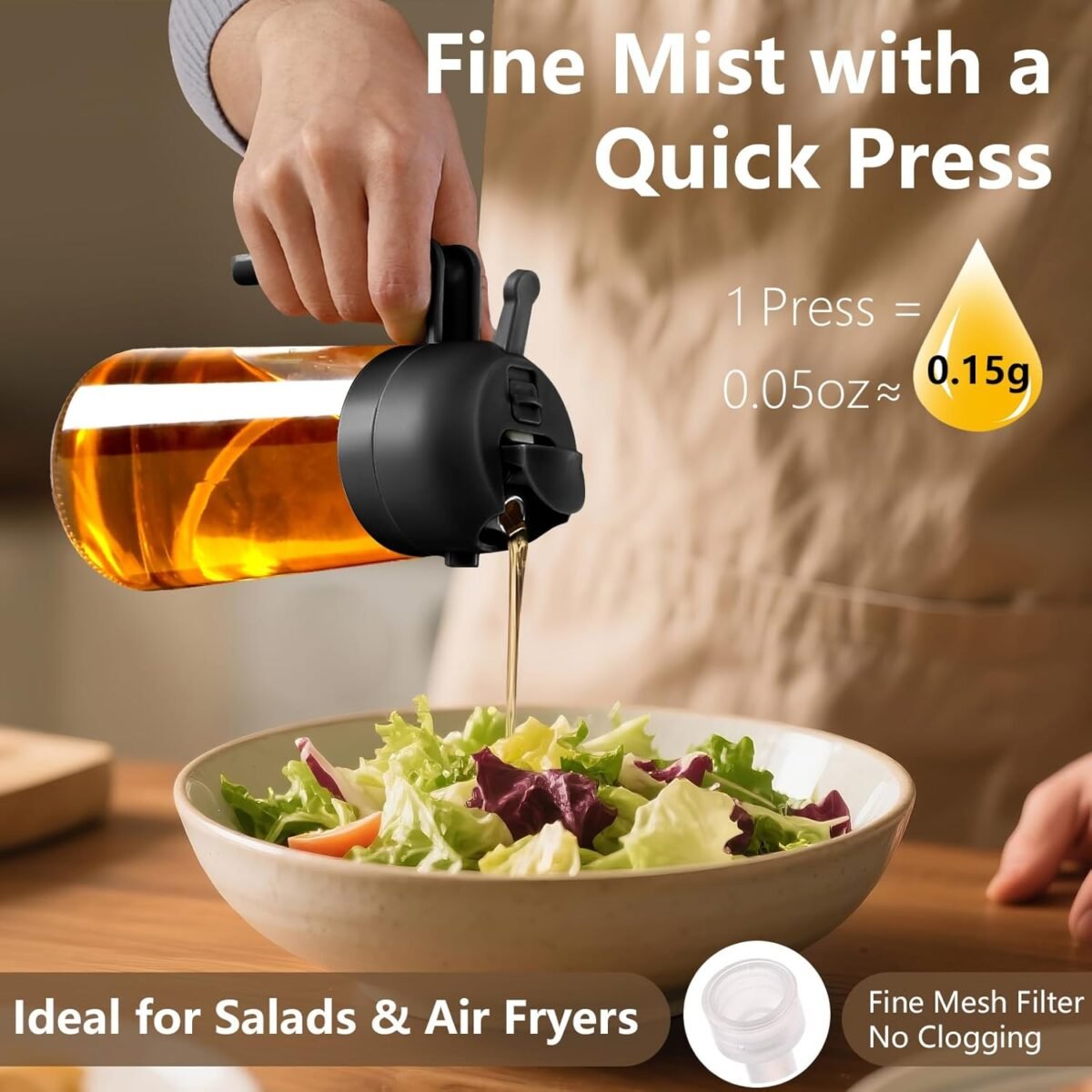 Olive Oil Sprayer for Cooking, 470ml 2 In 1 Glass Oil Dispenser/Pour Bottle, Kitchen Accessories, Kitchen Gadgets for Air Fryer, Salad, BBQ (Black) - Image 4