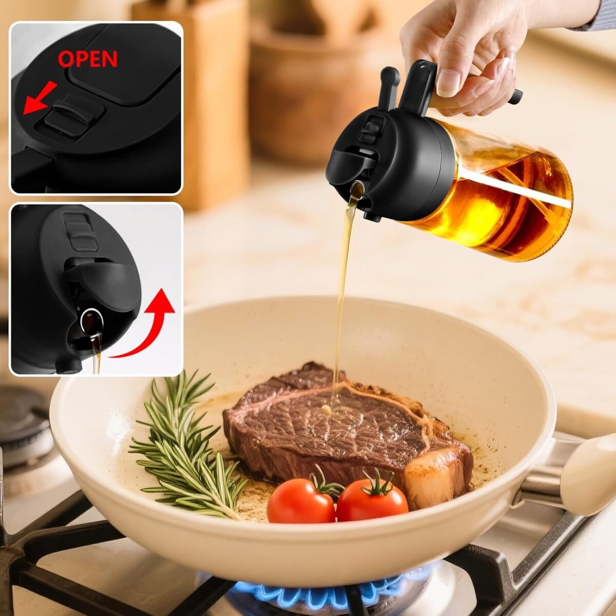 Olive Oil Sprayer for Cooking, 470ml 2 In 1 Glass Oil Dispenser/Pour Bottle, Kitchen Accessories, Kitchen Gadgets for Air Fryer, Salad, BBQ (Black) - Image 5