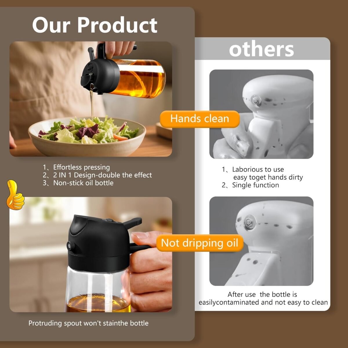Olive Oil Sprayer for Cooking, 470ml 2 In 1 Glass Oil Dispenser/Pour Bottle, Kitchen Accessories, Kitchen Gadgets for Air Fryer, Salad, BBQ (Black) - Image 7