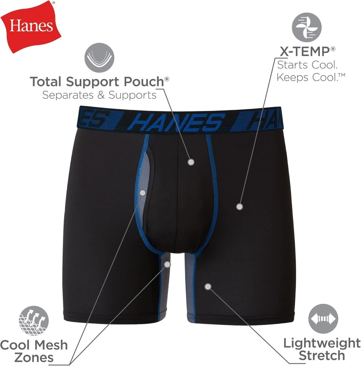 Hanes Men’s Total Support Pouch Boxer Briefs, X-Temp Cooling, Moisture-Wicking Underwear, Regular, Long-leg and Trunk, 3-Pack - Image 6