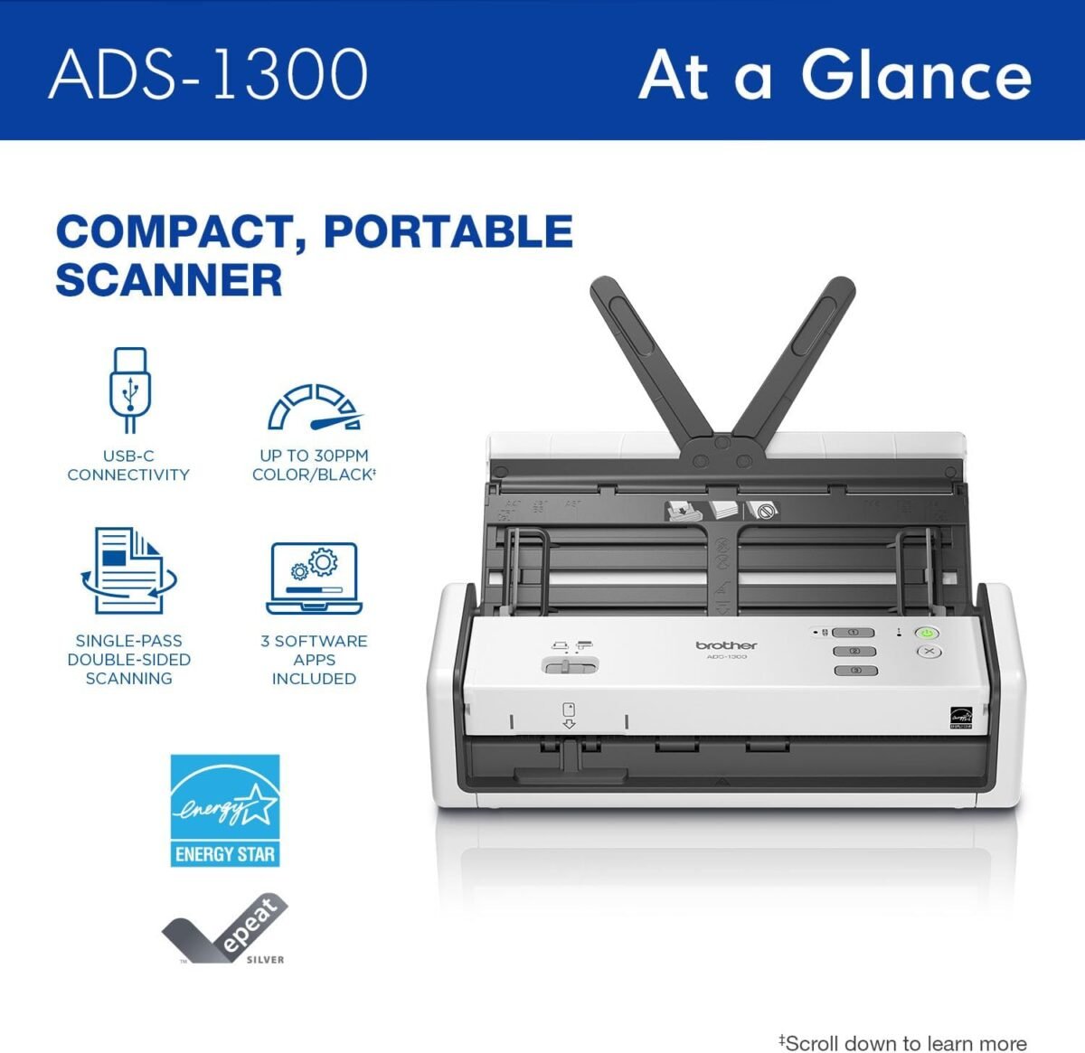 Brother ADS-1300 Compact Desktop Scanner | Scan Speeds of Up to 30ppm | Single Pass Double-Sided Scanning - Image 3