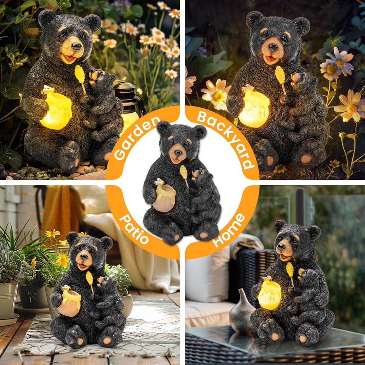 GIGALUMI Solar Garden Statues Loving Bear Figurine Lights for Outside, Yard Decorations Outdoor, Garden Decor Unique Birthday Housewarming Gifts for Mom, Women, Black - Image 3