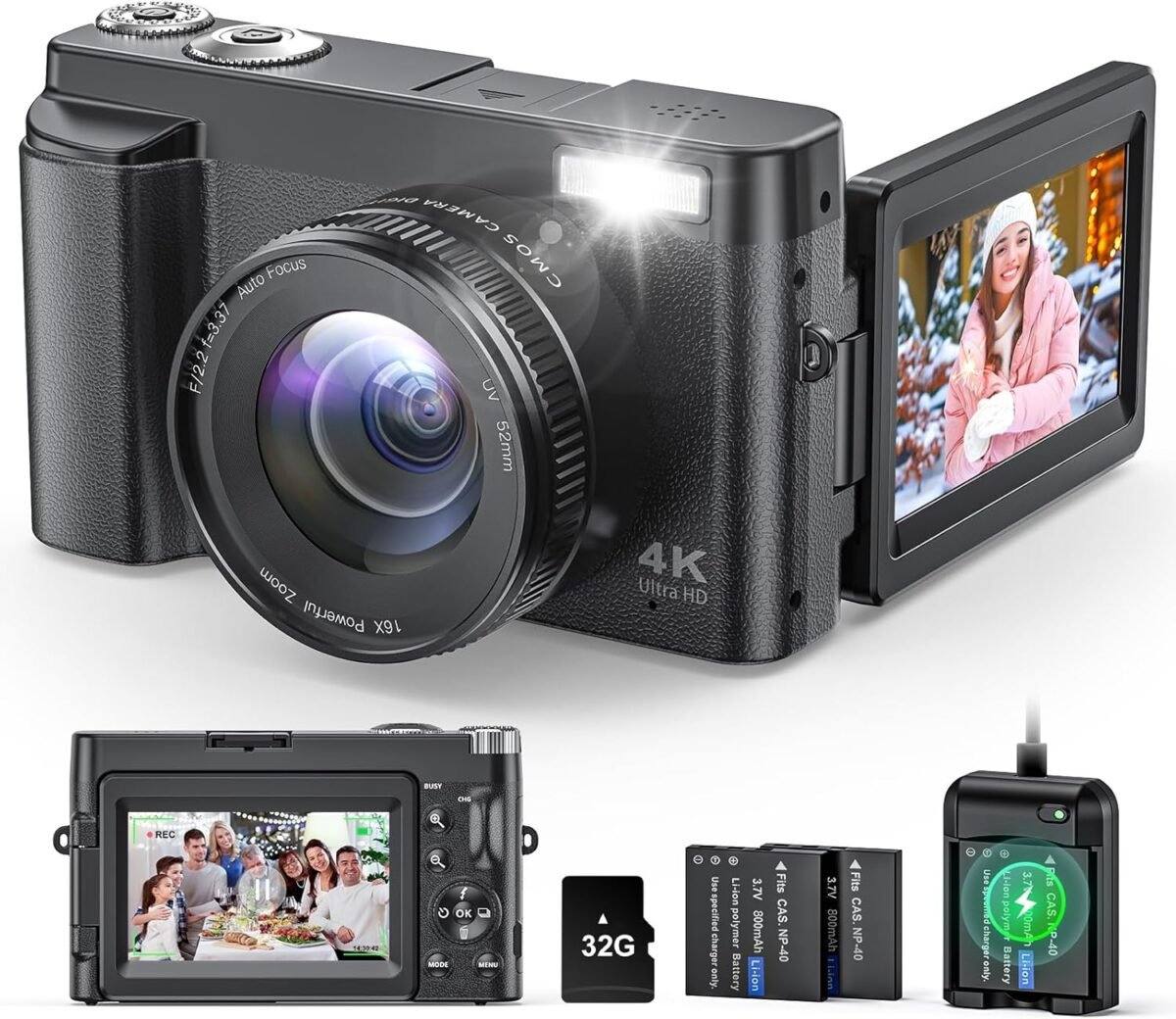 4K Digital Camera for Photography and Video, Autofocus Anti-Shake 48MP Vlogging Camera for YouTube, 3'' 180°Flip Screen Camera with Flash 16X Zoom, Digital Camera with 32GB Card Battery Charger Black - Image 2