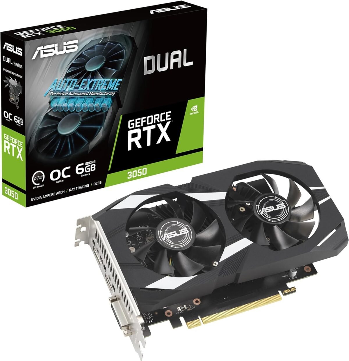 ASUS Dual NVIDIA GeForce RTX 3050 6GB OC Edition Gaming Graphics Card - PCIe 4.0, 6GB GDDR6 Memory, HDMI 2.1, DisplayPort 1.4a, 2-Slot Design, Axial-tech Fan Design, 0dB Technology, Steel Bracket - Image 2