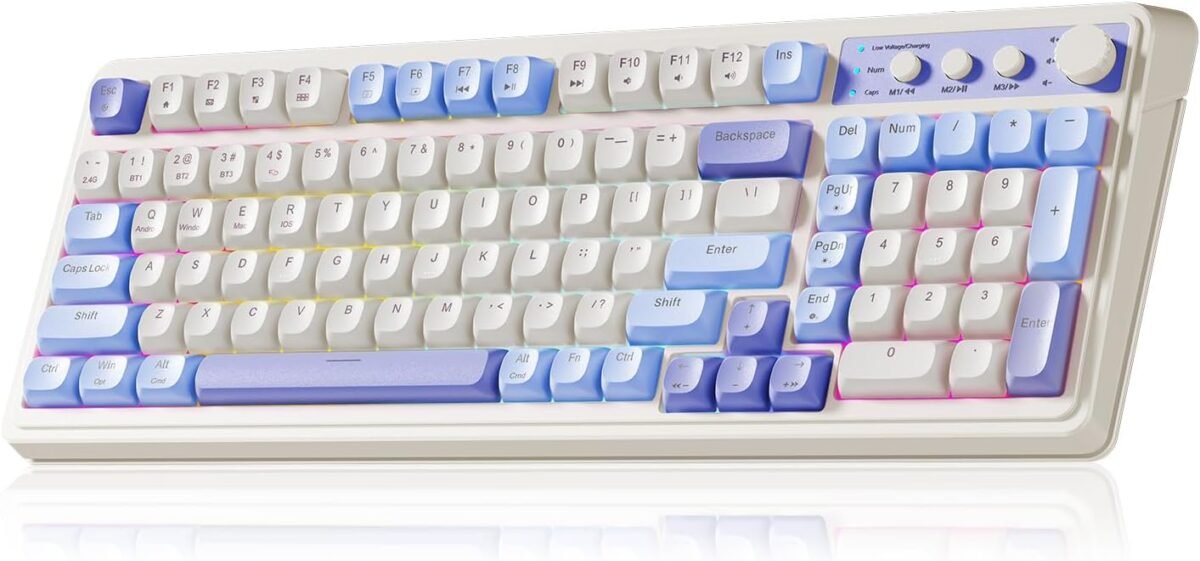 AULA 99 Key Keyboard, Tri-Mode Bluetooth/2.4GHz/USB-C Cute Creamy Gaming Keyboard with Number Pad RGB Backlit, Media Knob Custom Mechanical Feel Computer Keyboards for MAC Xbox PC Gamer - Purple - Image 2