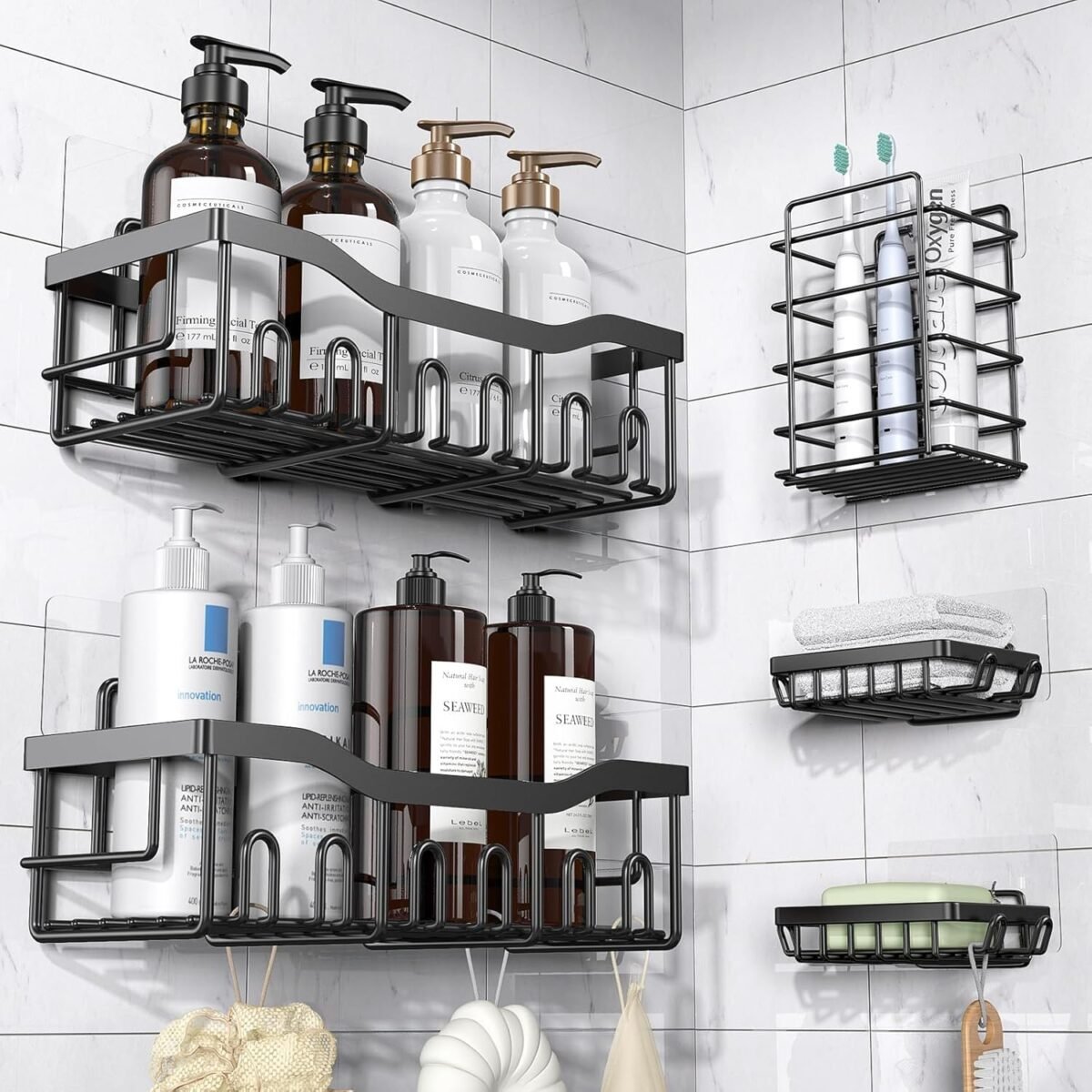 Adhesive Shower Caddy, 5 Pack Rustproof Stainless Steel Bath Organizers With Large Capacity, No Drilling Shelves for Bathroom Storage & Home Decor-XL Size - Image 2