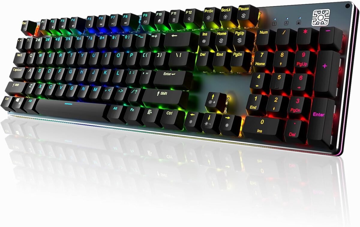 Black Emblem Mechanical Gaming Keyboard with Clicky Blue Switches, RGB Backlit Full Size 104 Key Programmable Wired Keyboard with Aluminum Base for Gaming/Typing/PC/Mac - Image 2