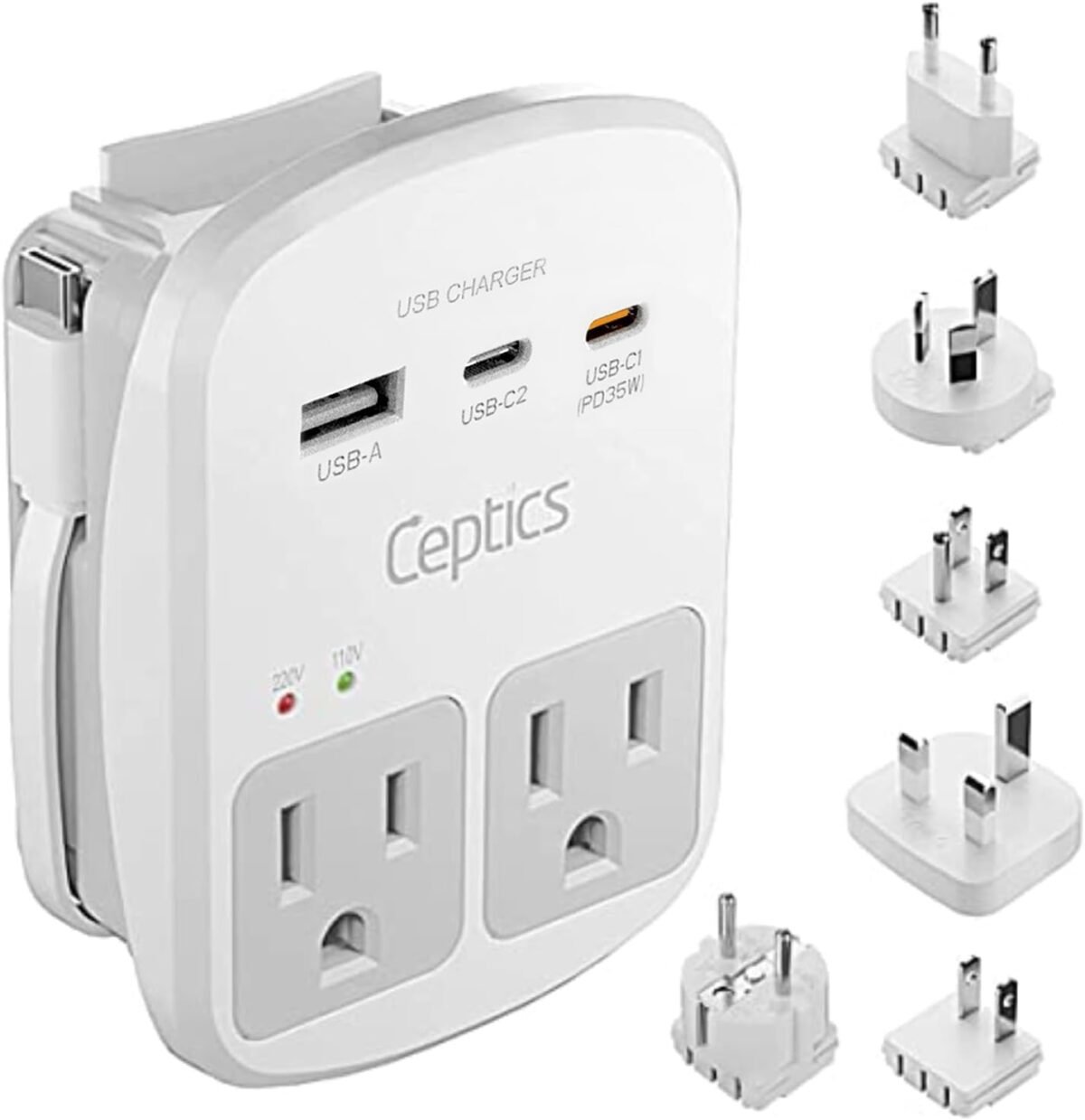 Ceptics Universal Travel Adapter Kit – 2 USA sockets, 2 USB-A (1x QC 3.0) and USB-C cable, Surge Protected, Plugs for EU, UK, China, AU, Japan - Use with Laptop, Phones, Cameras - ETL Tested - Image 2
