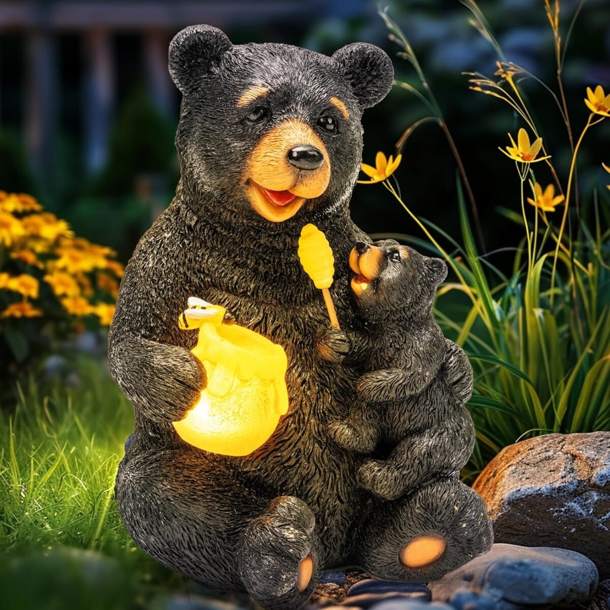GIGALUMI Solar Garden Statues Loving Bear Figurine Lights for Outside, Yard Decorations Outdoor, Garden Decor Unique Birthday Housewarming Gifts for Mom, Women, Black - Image 2