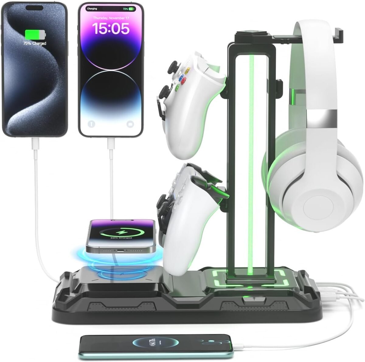 KDD Headphone & Controller Stand with Wireless Charging - Rotatable Headset Stand with 9 Light Modes - Controller Holder with 2 USB and Type C Ports - for Gamers Desktop Accessories - Image 2