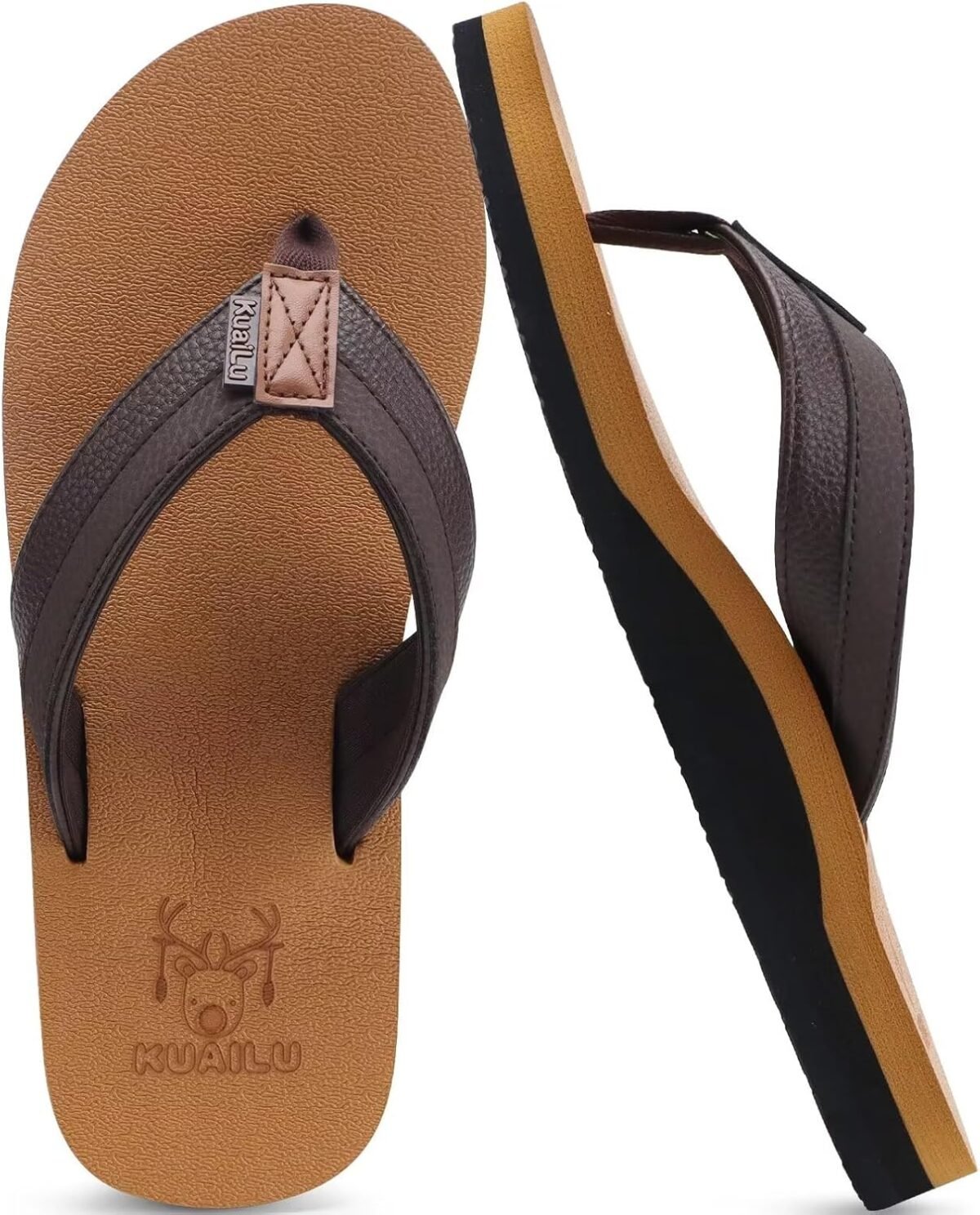 KuaiLu Men's Yoga Mat Leather Flip Flops with Arch Support Comfortable Cushion Walking Thong Sandals Slip On Indoor Outdoor - Image 2