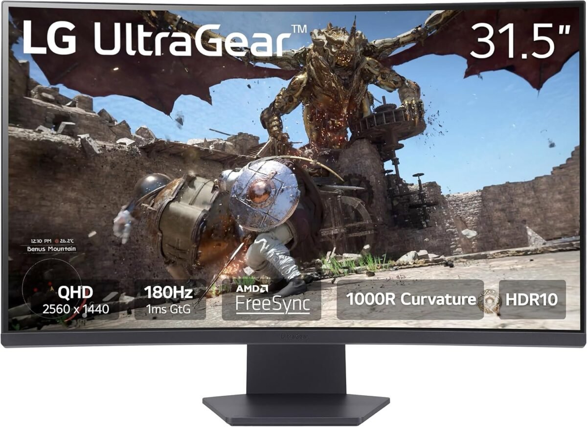 LG 32GS60QC-B Ultragear 32-inch Curved Gaming Monitor QHD (2560x1440) 180Hz 1ms 1000R AMD FreeSync HDR10 HDMIx2 DisplayPort Black - Image 2