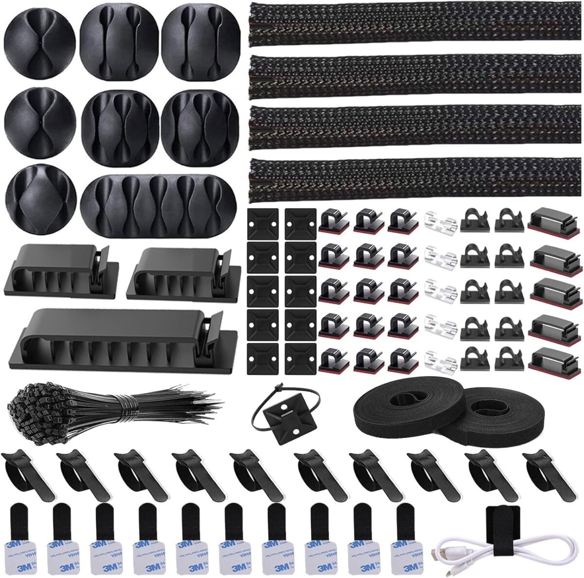 N NOROCME 192 PCS Cable Management Kit 4 Wire Organizer Sleeve,11 Cable Holder,35Cord Clips 10+2 Roll Cable Organizer Straps and 100 Fastening Cable Ties for Computer TV Under Desk, black,clear - Image 2