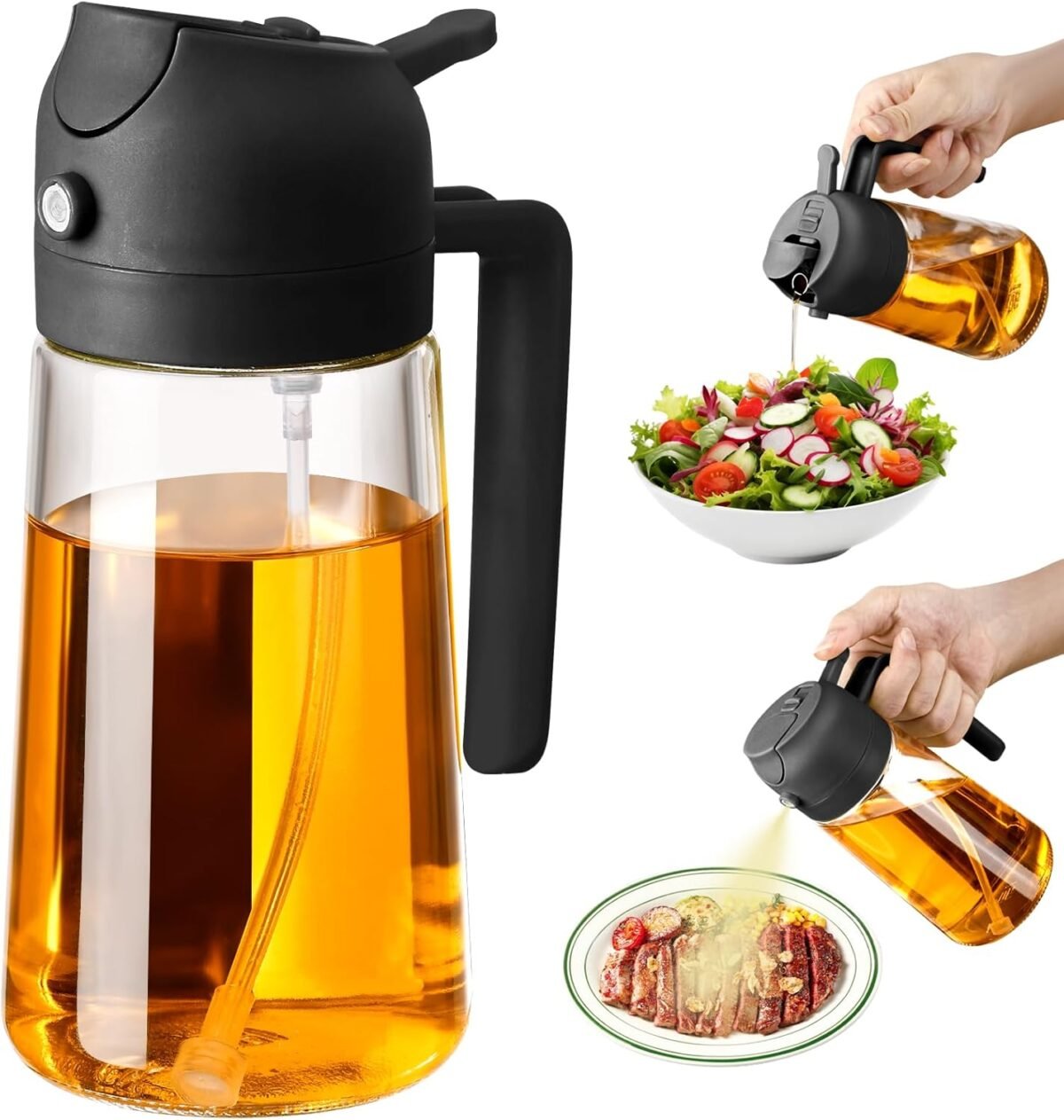 Olive Oil Sprayer for Cooking, 470ml 2 In 1 Glass Oil Dispenser/Pour Bottle, Kitchen Accessories, Kitchen Gadgets for Air Fryer, Salad, BBQ (Black) - Image 2