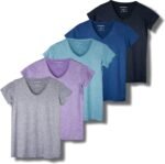 Real Essentials 5 Pack: Women's Short Sleeve V-Neck Activewear T-Shirt Dry-Fit Wicking Yoga Top (Available in Plus) - Image 2