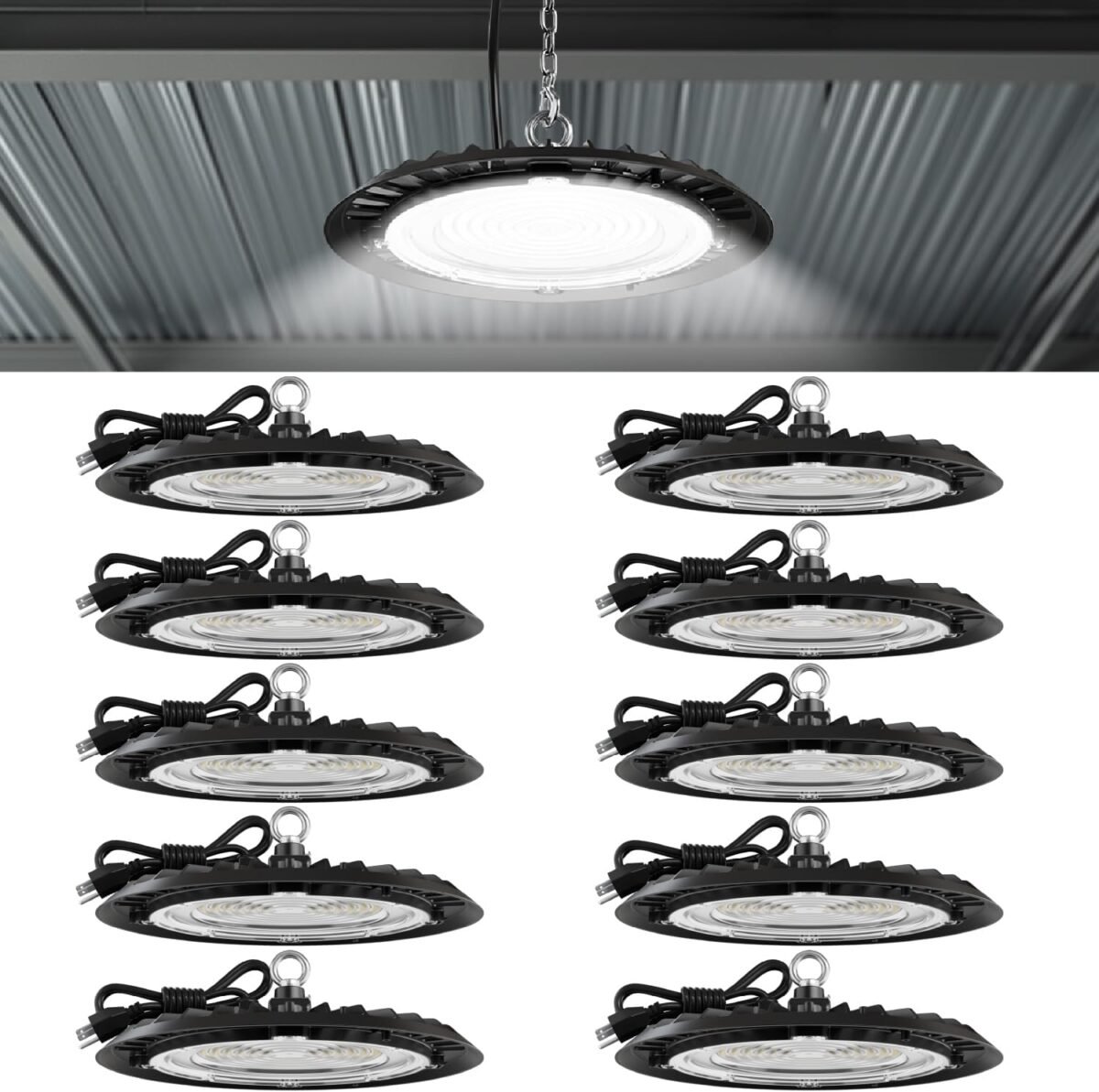 Sunco 10 Pack UFO LED High Bay Light, Shop Lights for Warehouse, Plug & Play, 19500 LM, 150W, 5000K Daylight, Power Cord Included, IP65 Waterproof Shatterproof Fixture UL. - Image 2