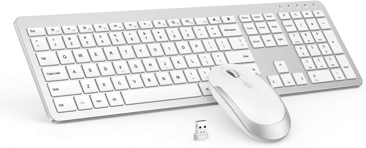 Wireless Keyboard and Mouse Combo - Full Size Slim Thin Wireless Keyboard Mouse with Numeric Keypad 2.4G Stable Connection Adjustable DPI (White & Silver) - Image 2