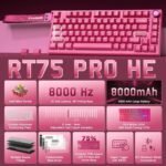 YUNZII RT75 PRO Wireless Gaming Keyboard,Hall Effect Mechanical Rapid Trigger Magnetic Keyboard Bluetooth/USB-C/2.4G 8KHz Polling Rate &128K Scan,RGB Backlit,TGL/SOCD/DKS/MT (Pink, Outemu Red Switch) - Image 3